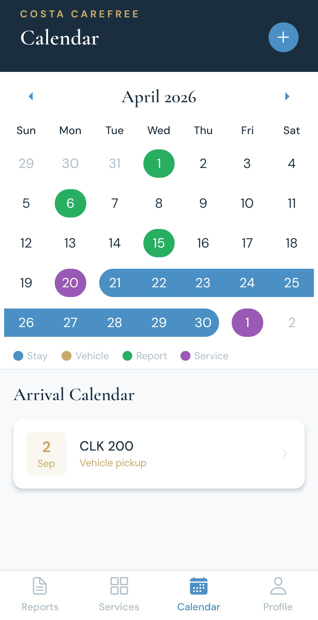 Arrival calendar in the Costa Carefree app