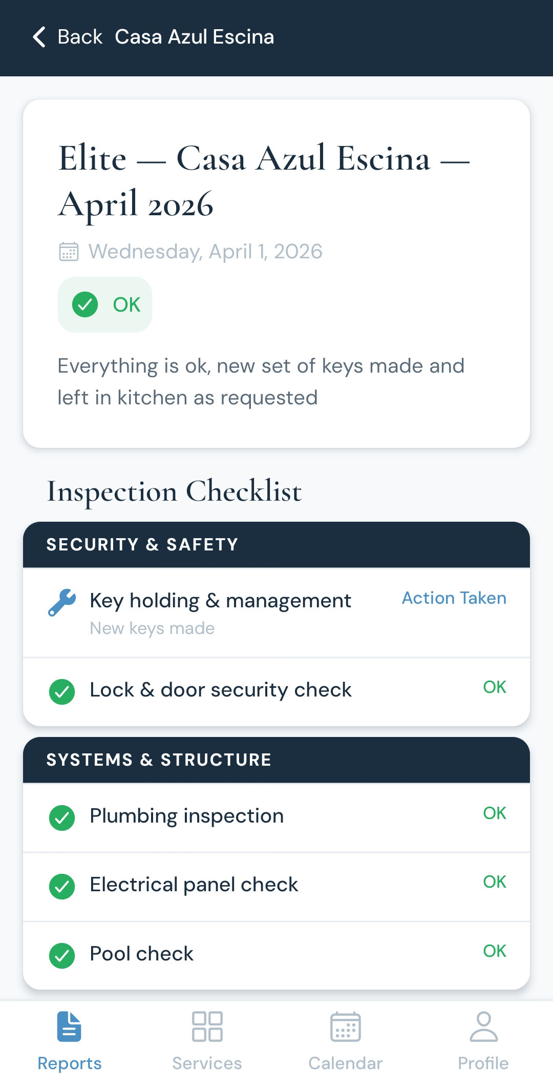 Inspection checklist in the Costa Carefree app