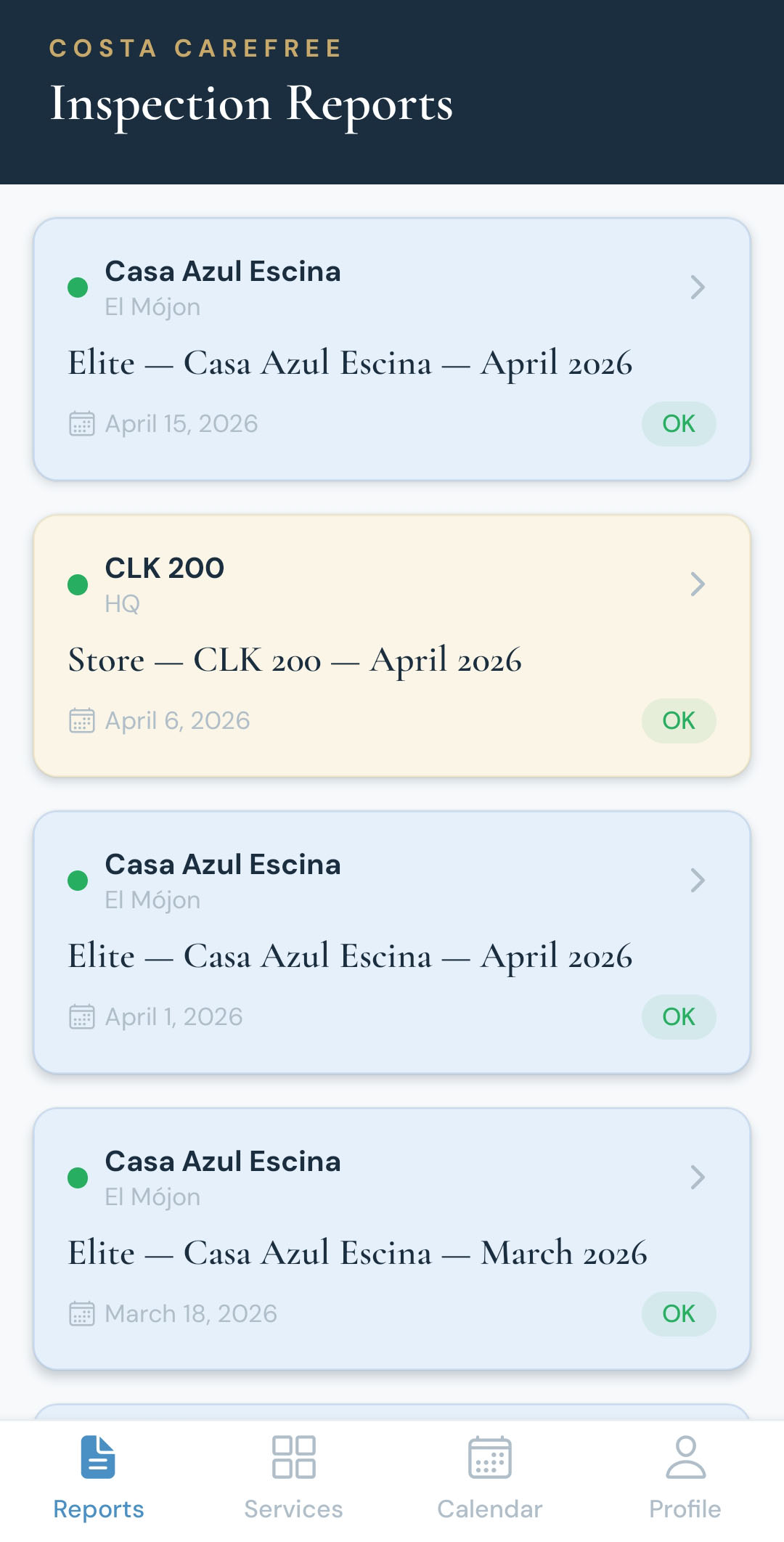 Inspection reports in the Costa Carefree app
