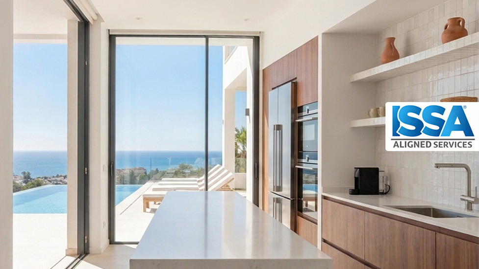 Modern kitchen and terrace overlooking the sea — Costa Carefree cleaning services aligned with ISSA professional standards