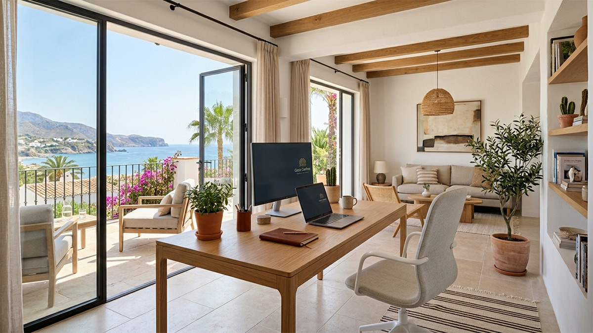A bright home office in a Spanish villa overlooking the Mediterranean coast